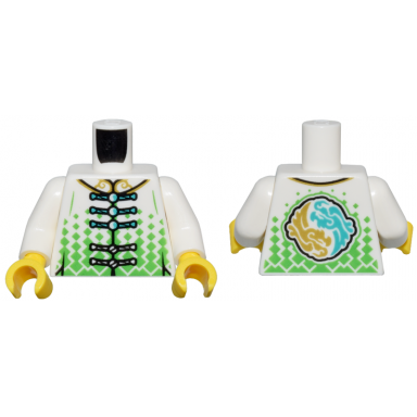 white torso robe with dark turquoise ties bright green diamond scales and yin yang dragon logo pattern white arms yellow hands