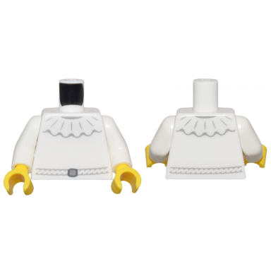 white torso dress with wide ruffled collar and dark bluish gray rope belt and silver buckle pattern white arms yellow hands