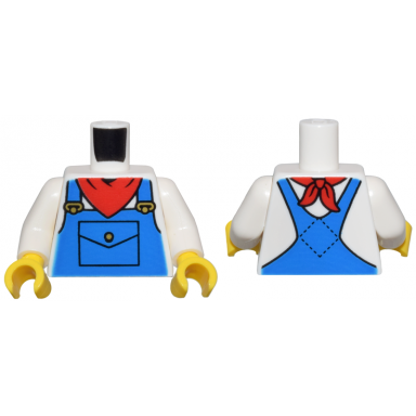 white torso blue overalls pocket gold buckles and red bandana pattern white arms yellow hands