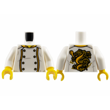 white torso chef jacket 8 gold buttons bright light orange trim gold dragon on back pattern white arms yellow hands