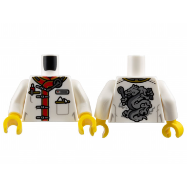 white torso restaurant uniform red and gold trim silver name badge strap buttons and dragon on back pattern white arms yellow hands