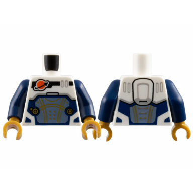 white torso reddish orange and black classic space logo sand blue panel with gold lines dark blue trim pattern dark blue arms pearl gold hands