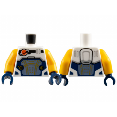 white torso reddish orange and black classic space logo sand blue panel with gold lines dark blue trim pattern bright light orange arms dark blue hands