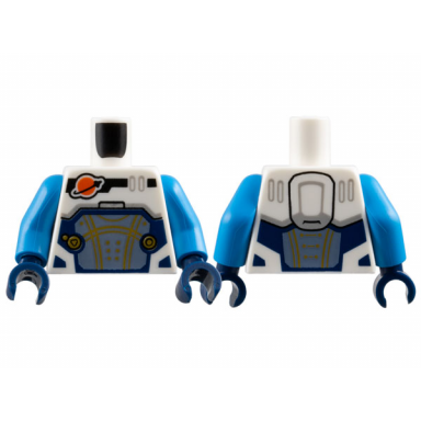 white torso reddish orange and black classic space logo sand blue panel with gold lines dark blue trim pattern dark azure arms dark blue hands