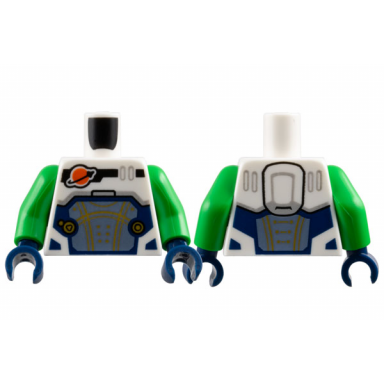 white torso reddish orange and black classic space logo sand blue panel with gold lines dark blue trim pattern bright green arms dark blue hands