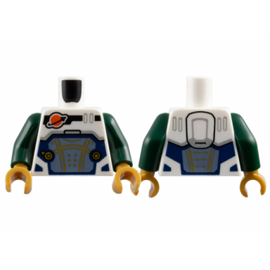 white torso reddish orange and black classic space logo sand blue panel with gold lines dark blue trim pattern dark green arms pearl gold hands