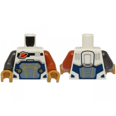 white torso reddish orange and black classic space logo sand blue panel with gold lines dark blue trim pattern dark orange arm left pearl dark gray arm right pearl gold hands