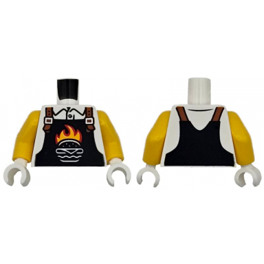 white torso black overalls with burger outline red and bright light orange flames and dark orange straps over shirt pattern yellow arms white hands