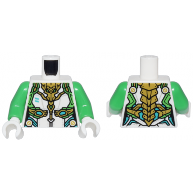white torso female armor bright green gold and dark turquoise trim and small gold dragon head and spine pattern bright green arms white hands
