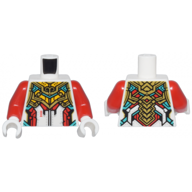 white torso armor red bright light orange and dark turquoise trim and gold plates pattern red arms white hands