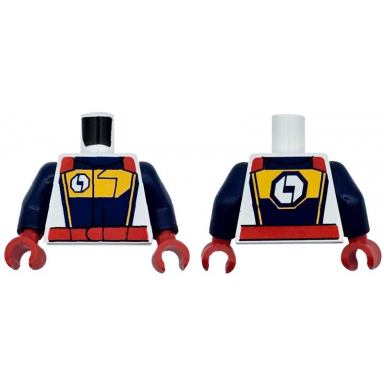 white torso racing suit with logo and bright light orange chest and stripes on dark blue panel red belt and shoulders pattern dark blue arms red hands