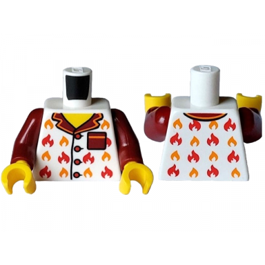 white torso pajama shirt with buttons dark red pocket and collar red and orange flames yellow neck pattern dark red arms yellow hands