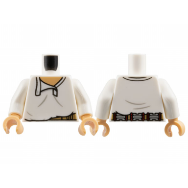 white torso shirt with open collar medium tan neck light bluish gray wrinkles and dark tan belt with pouches on back pattern white arms medium tan hands