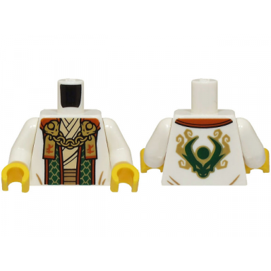 white torso robe with dark green and dark orange trim tan shirt gold chain with tags with ninjago logogram letter l pattern white arms yellow hands