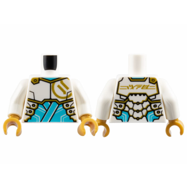 white torso armor plates with gold ninjago logogram z on front and zane on back over medium azure tunic pattern white arms pearl gold hands