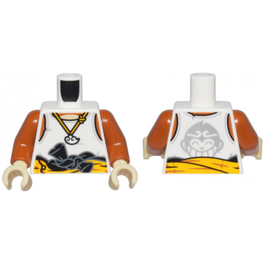 white torso tank top necklace black and bright light orange racing suit tied at waist and monkie kid logo pattern dark orange arms tan hands
