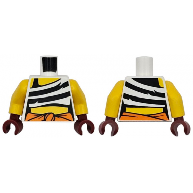 white torso female tank top cropped with black stripes orange knotted sash yellow neck shoulder and stomach pattern yellow arms dark red hands