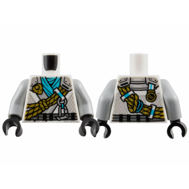 white torso tunic with light bluish gray shoulders medium azure scarf gold dragon head and ropes and silver carabiner pattern light bluish gray arms black hands