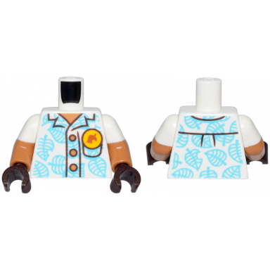 white torso hawaiian shirt with medium azure leaves medium nougat buttons and bright light orange pin pattern medium nougat arms with molded white short sleeves pattern dark brown hands