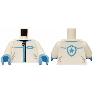 white torso jacket with silver zipper medium blue trim light bluish gray creases star badge logo on back pattern white arms medium blue hands