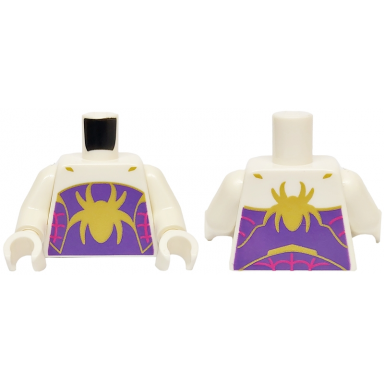 white torso gold spider on dark purple panel with magenta webbing pattern white arms white hands