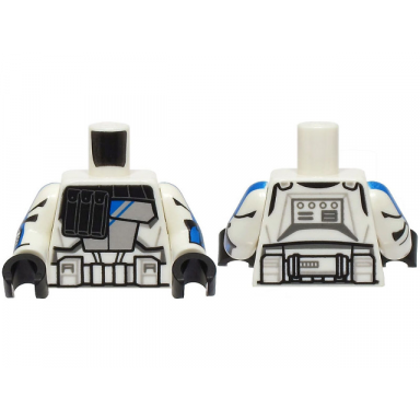 white torso sw armor black pouches light bluish gray panel with blue stripes detailed belt pattern clone wars white arms with armor and blue stripes pattern black hands