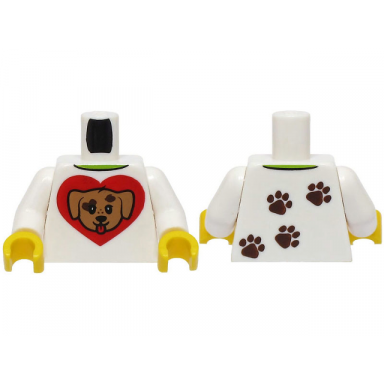 white torso shirt with lime collar medium nougat dog head on red heart dark brown paw prints on back pattern bam white arms yellow hands