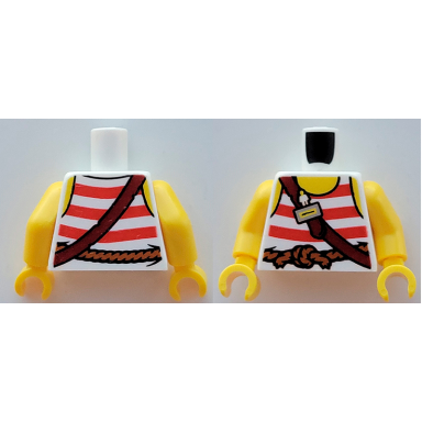 white torso pirate tank top with red horizontal stripes rope belt shoulder strap name tag and yellow neck and shoulders pattern yellow arms yellow hands