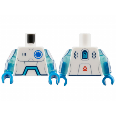 white torso robot with sand blue panel lines blue emt star of life dark azure angled arc battery level and red symbol on back pattern trans-light blue arms with white panels with red symbols and medium azure medical chart and 37â° on dark blue screens pattern dark azure hands