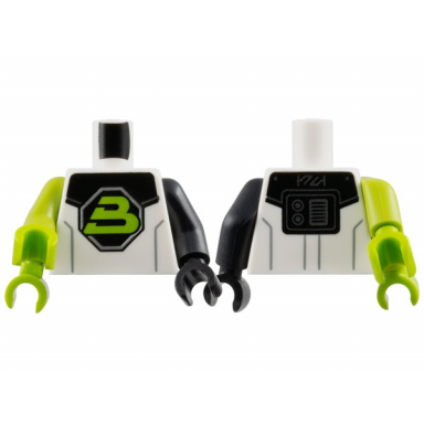 white torso space lime capital letter b on black octagon blacktron ii logo shoulder armor dark bluish gray lines pattern black arm left lime double arm right black hand left lime hands right