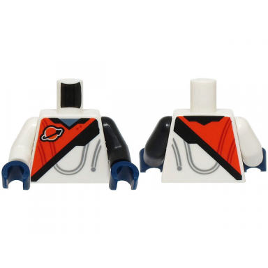 white torso spacesuit reddish orange panel classic space logo black stripe sand blue collar pattern bam black arm left white arm right dark blue hands