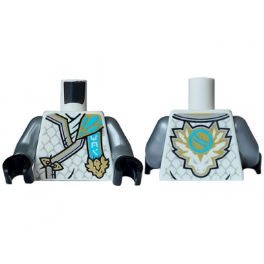 white torso tunic with light bluish gray hems gold trim light aqua shirt ninjago logogram moi medium azure letter z in dragon head on back pattern flat silver arms black hands