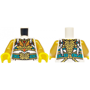 white torso robe with dark turquoise belt gold straps and buckle medium nougat rings with tassels armor plates with red gems pattern pearl gold arms yellow hands