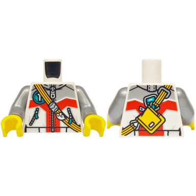white torso jacket with pockets and zippers silver and red panels bright light orange strap and pouch dark turquoise number 1 on front and back pattern flat silver arms yellow hands