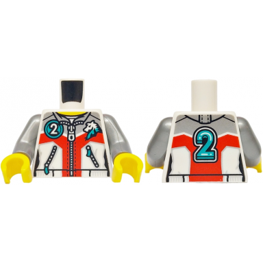 white torso jacket with pockets and zippers silver and red panels dragon head dark turquoise number 2 on front and back pattern flat silver arms yellow hands