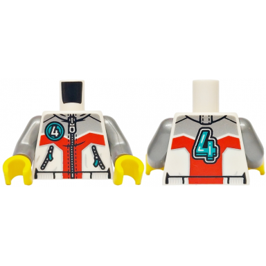 white torso jacket with pockets and zippers silver and red panels dark turquoise number 4 on front and back pattern flat silver arms yellow hands