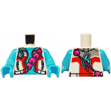 white torso open jacket with pockets and zippers silver and red panels medium azure chest with muscles outline magenta beaded necklace dark turquoise number 6 on front and back pattern medium azure arms medium azure hands