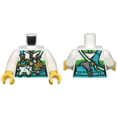 white torso female dark turquoise overalls and belt over jacket with bright green stripe gold buckles dragon bag pattern white arms yellow hands
