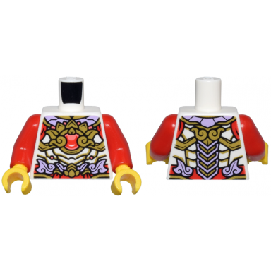 white torso gold and lavender armor plates and leaves red and coral emblem pattern red arms yellow hands
