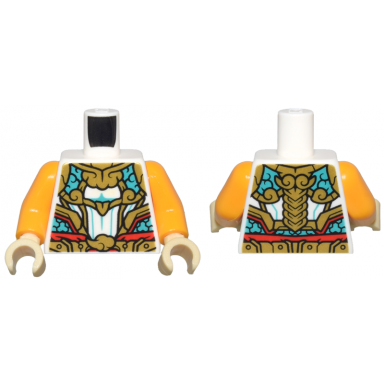 white torso gold and dark turquoise armor plates and clouds red trim and belt pattern bright light orange arms tan hands