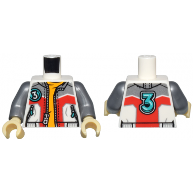 white torso jacket with pockets and zippers silver and red panels open over bright light orange shirt dark turquoise number 3 on front and back pattern flat silver arms tan hands