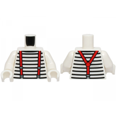 white torso shirt with black stripes red suspenders with dark bluish gray buckles pattern bam white arms white hands