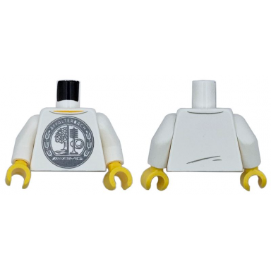 white torso racing shirt with dark bluish gray circle with apple tree stream cam valve and spring affalterbach and amg logo yellow neck pattern white arms yellow hands
