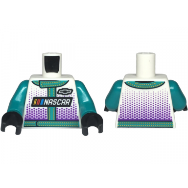 white torso racing suit with nascar and black chevrolet logo dark turquoise trim with bright light orange stitching and dark purple dots pattern dark turquoise arms black hands