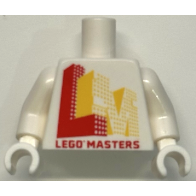 white torso with lego masters and red and yellow lego masters logo pattern white arms white hands