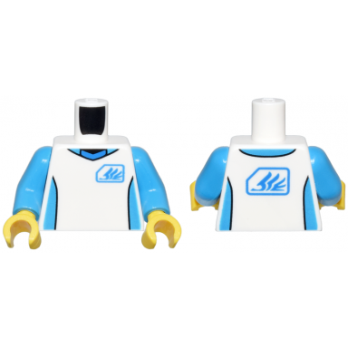 white torso jersey with blue and dark azure neck and side panels and quad wing logo pattern dark azure arms yellow hands