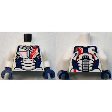 white torso dark blue armor with red avengers logo and red stripe on front and back pattern iron legion white arms dark blue hands
