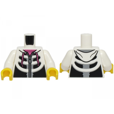 white torso black and light bluish gray hoodie with zipper and skeleton ribs dark pink laces and shirt pattern bam white arms yellow hands