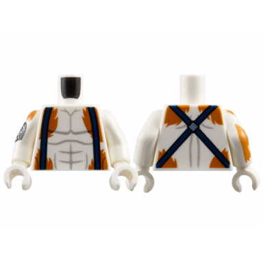 white torso dark bluish gray muscle contours dark blue suspenders and dark orange fur pattern white arm left white arm right with lynx in black heart and dark orange fur pattern white hands