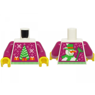 white torso magenta knit fair isle holiday sweater with bright green christmas tree orange presents snowman on back pattern bam magenta arms yellow hands